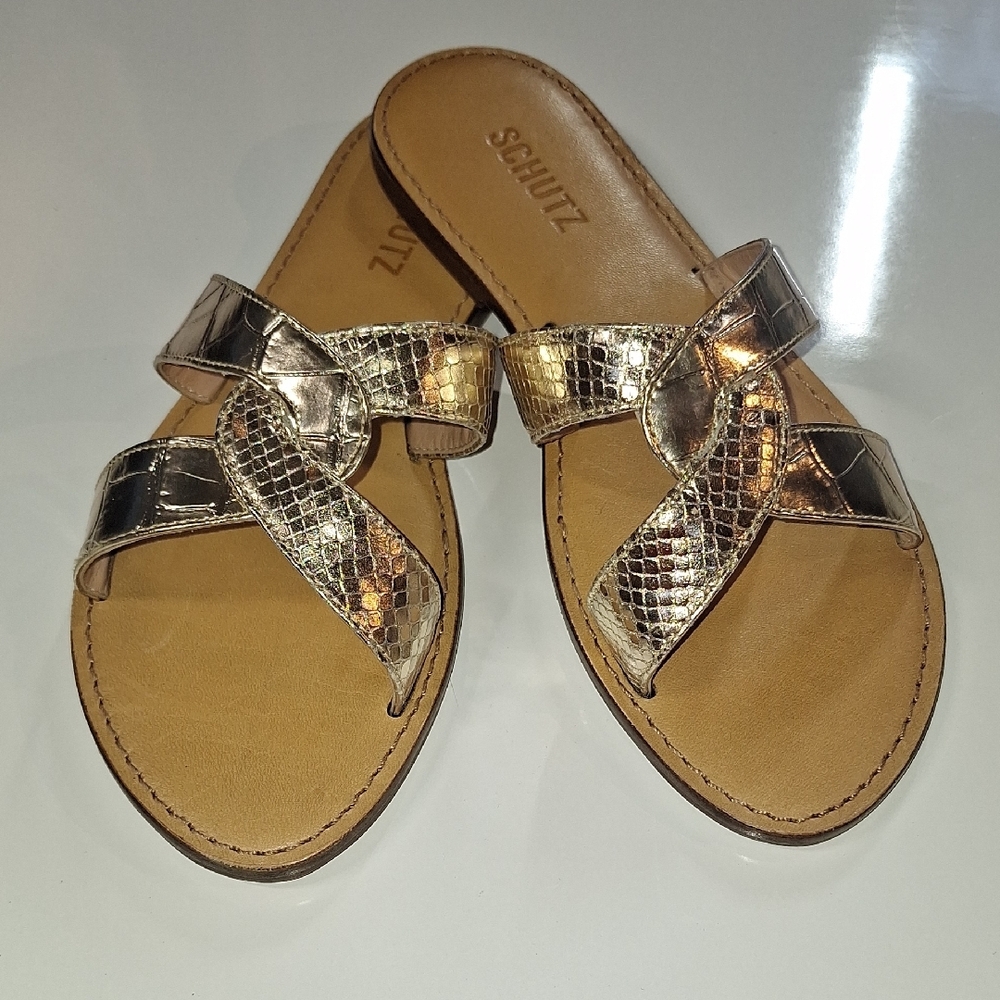 Schutz Gold Slide Sandals for Women